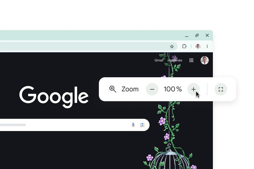 La página principal de Google y una ventana emergente con el zoom configurado al 100%